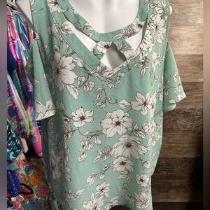Flower and Feather Floral Cold Shoulder Blouse in Mint Green